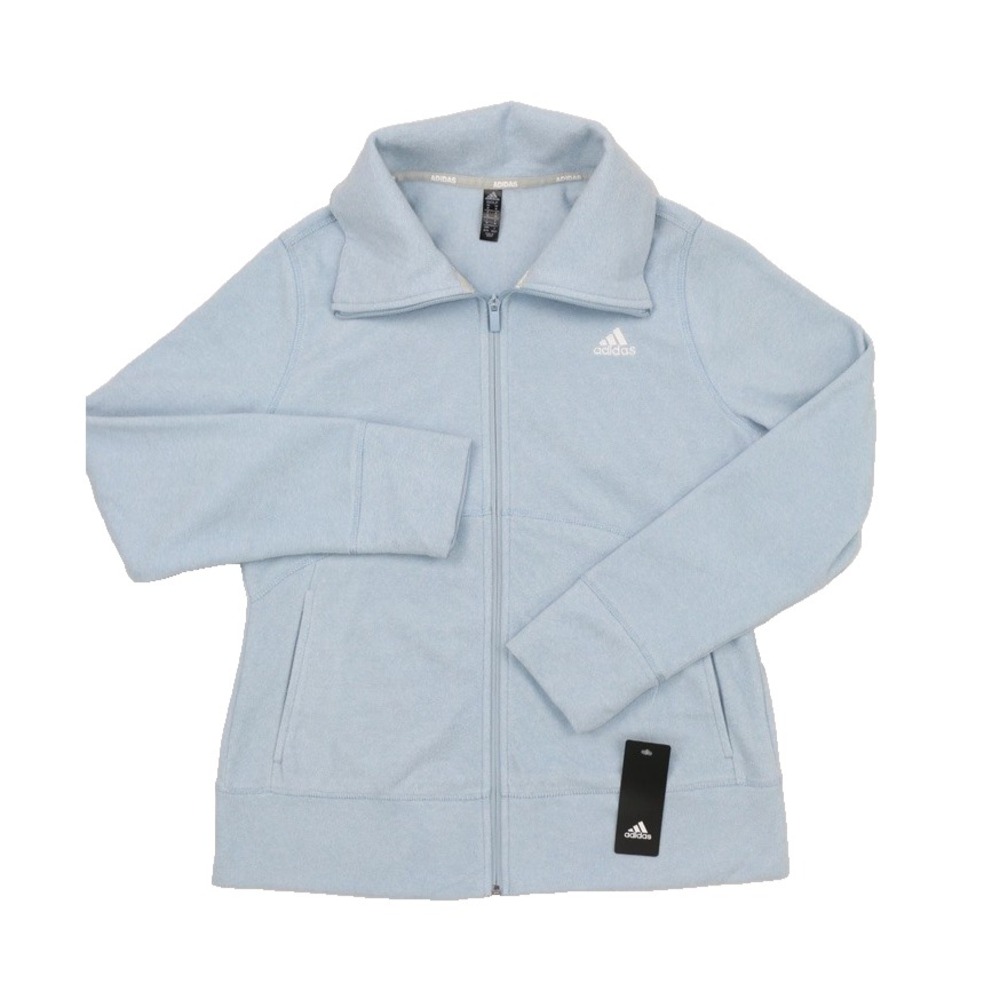 Adidas Womens Heather Full Zip Fleece Jacket Light Blue Mock Neck Embroidery